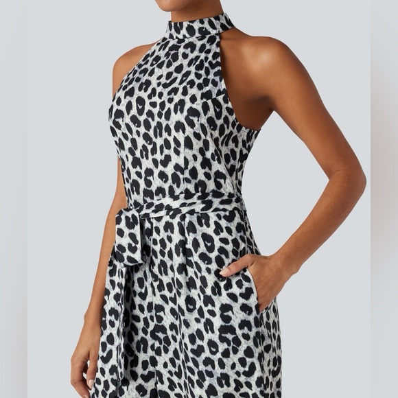 Halter Sleeveless Belted Leopard Party Jumpsuit with Pockets - Picture 5 of 7